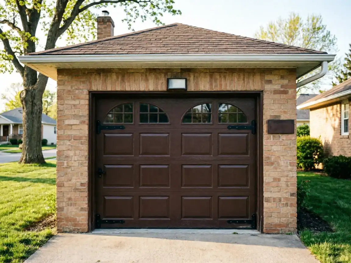 A brown garage door with arched windows is set in a brick garage.