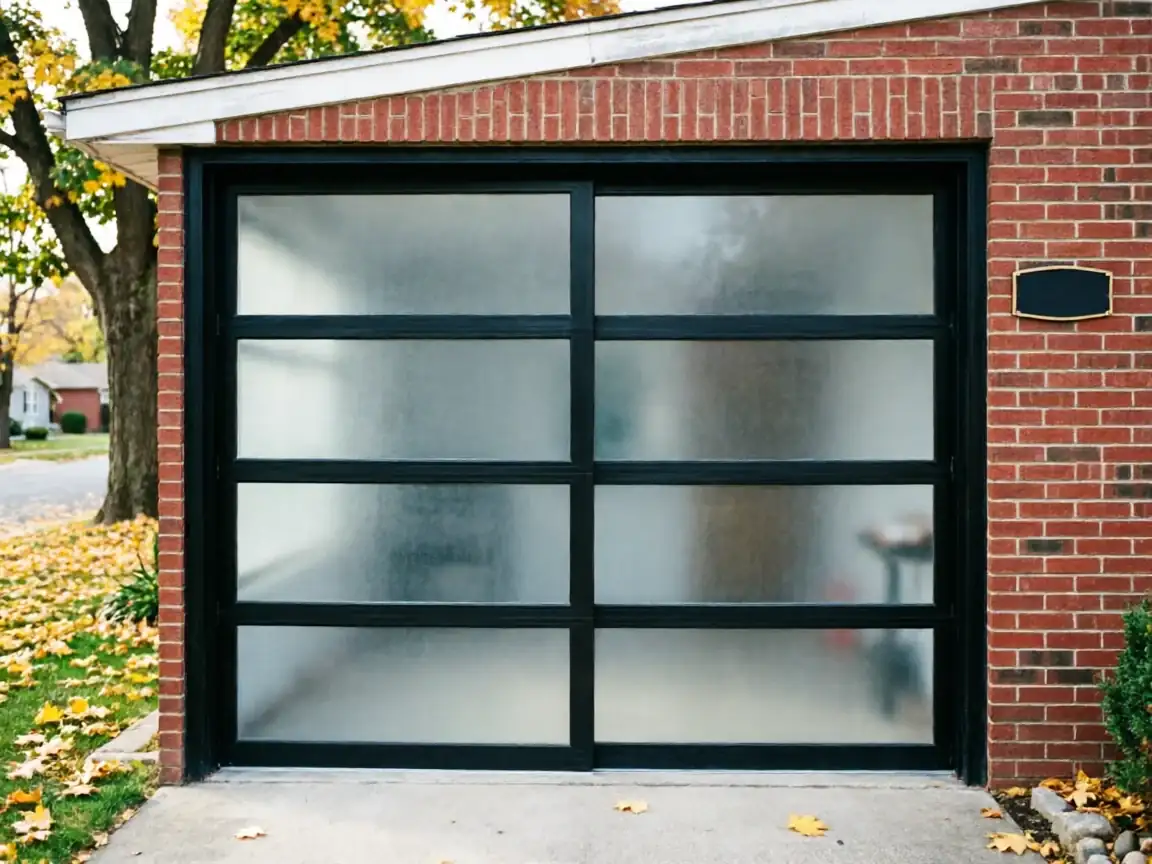 A modern black garage door with frosted glass panels on a brick house.