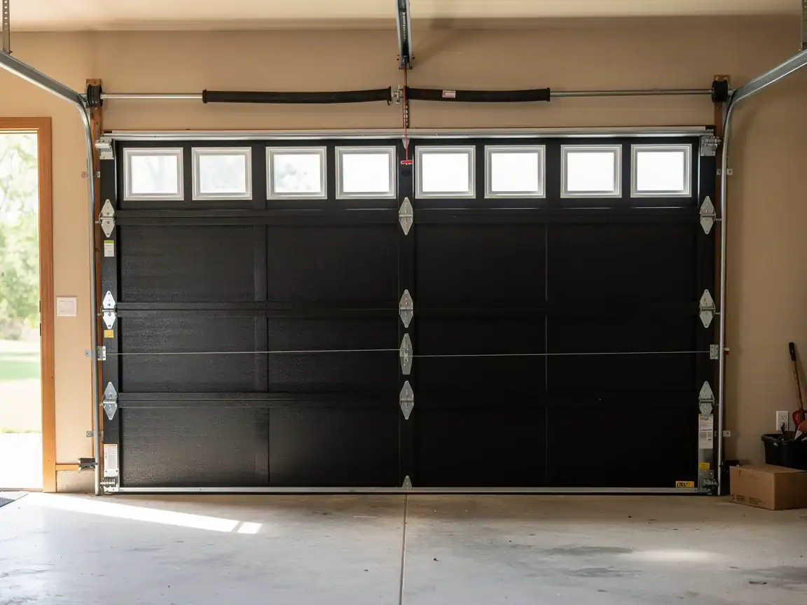 A black garage door with windows is closed inside a garage.