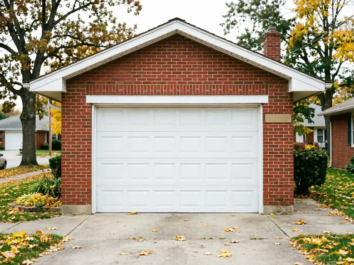 A white paneled garage door on a red brick garage with a concrete driveway.